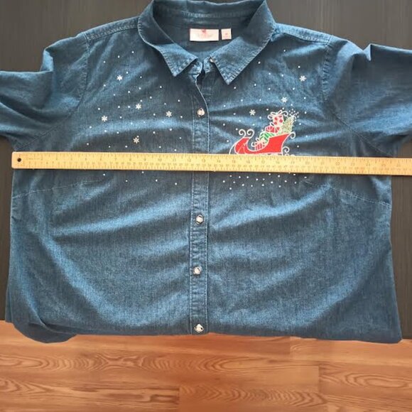 QUACKER FACTORY WOMEN'S CHRISTMAS DENIM SHIRT LONG ROLL TAB SLEEVE SLED SIZE 1X - Picture 4 of 6